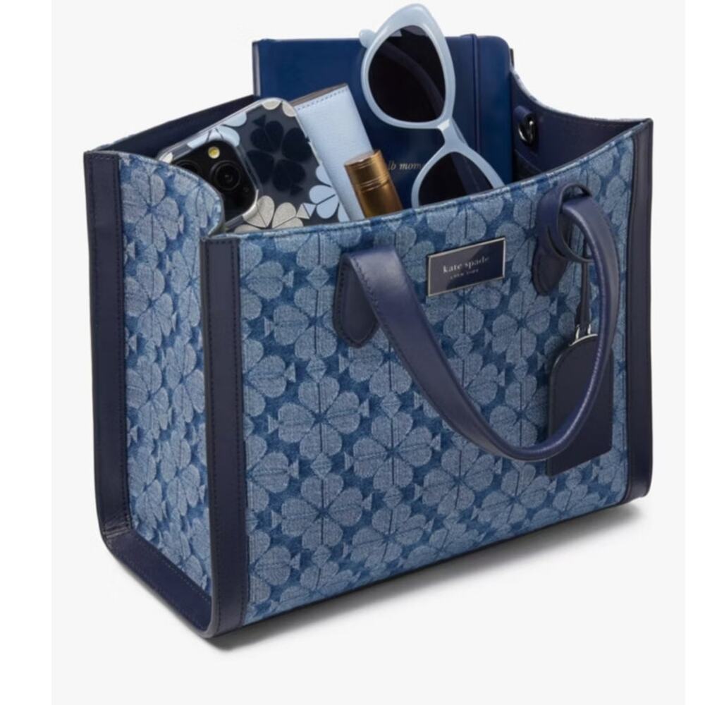 KATE SPADE Flower Jacquard Denim Manhattan Small Tote Navy Blue